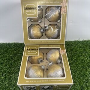 8 Vtg Lanissa Glass Christmas Ornaments Gold & Silver Box 3" West Germany